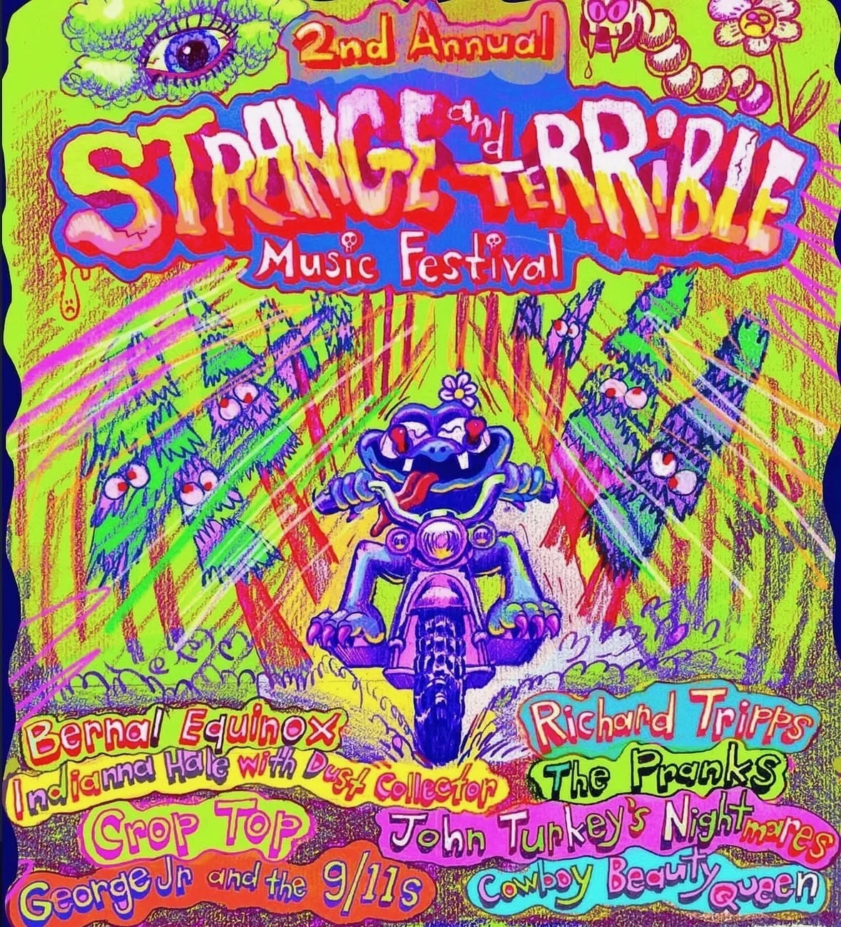 Strange and Terrible Music Festival poster: a purple monster riding a motorcycle through a forest of googly-eyed trees